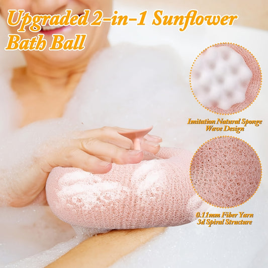 2pcs Ultra-Soft Sunflower Bath Balls with Suction Cups - 2-in-1 Exfoliating Sponge & Cleaning Brush for Men and Women
